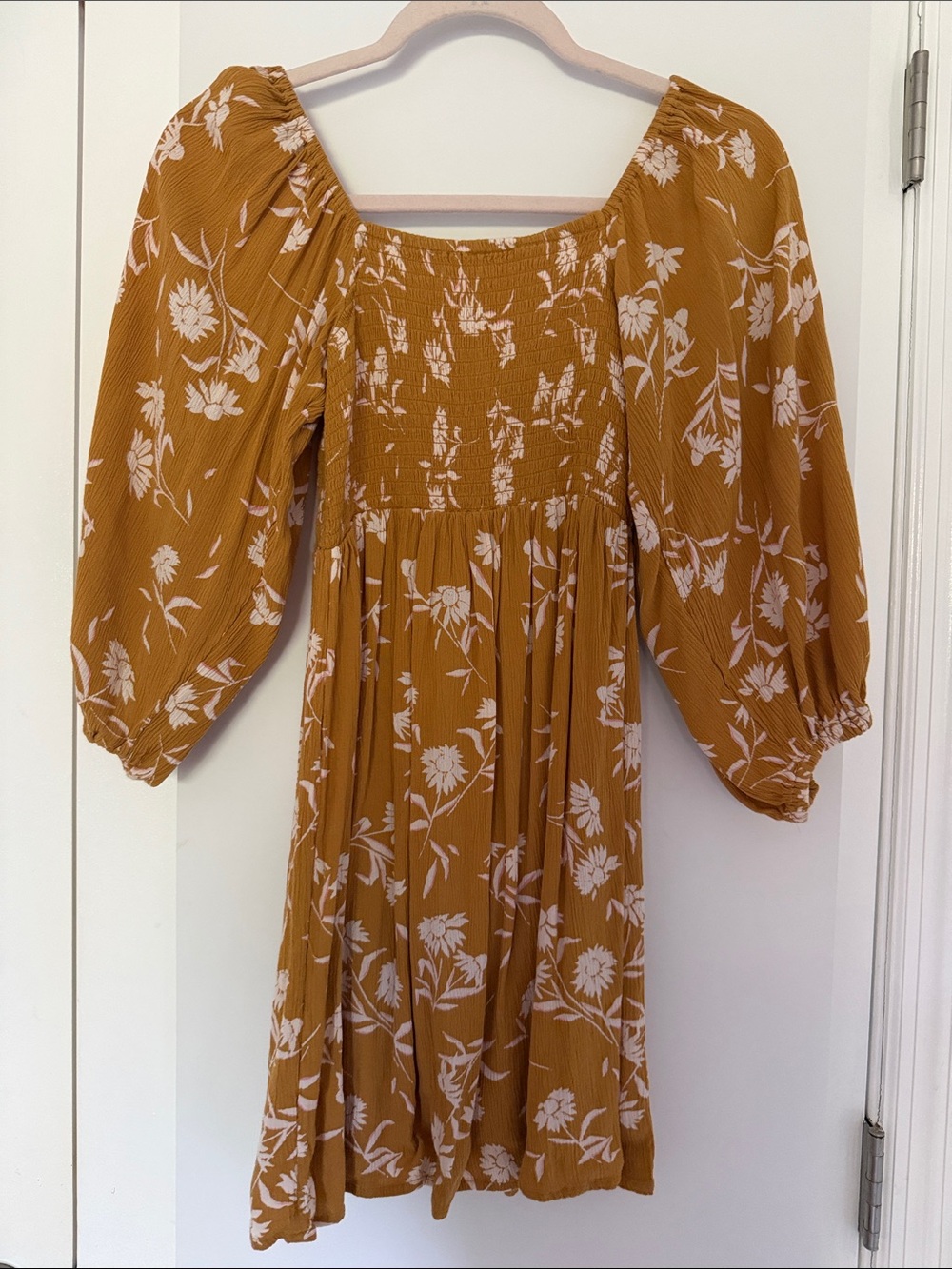 Billabong Mustard Floral Smocked Puff-Sleeve Mini Dress